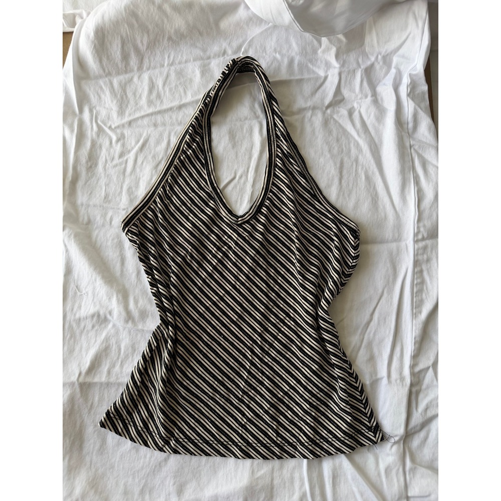 Vintage Y2K Vamp Halter Top Small Black White Striped Diagonal V-Neck 2000s
